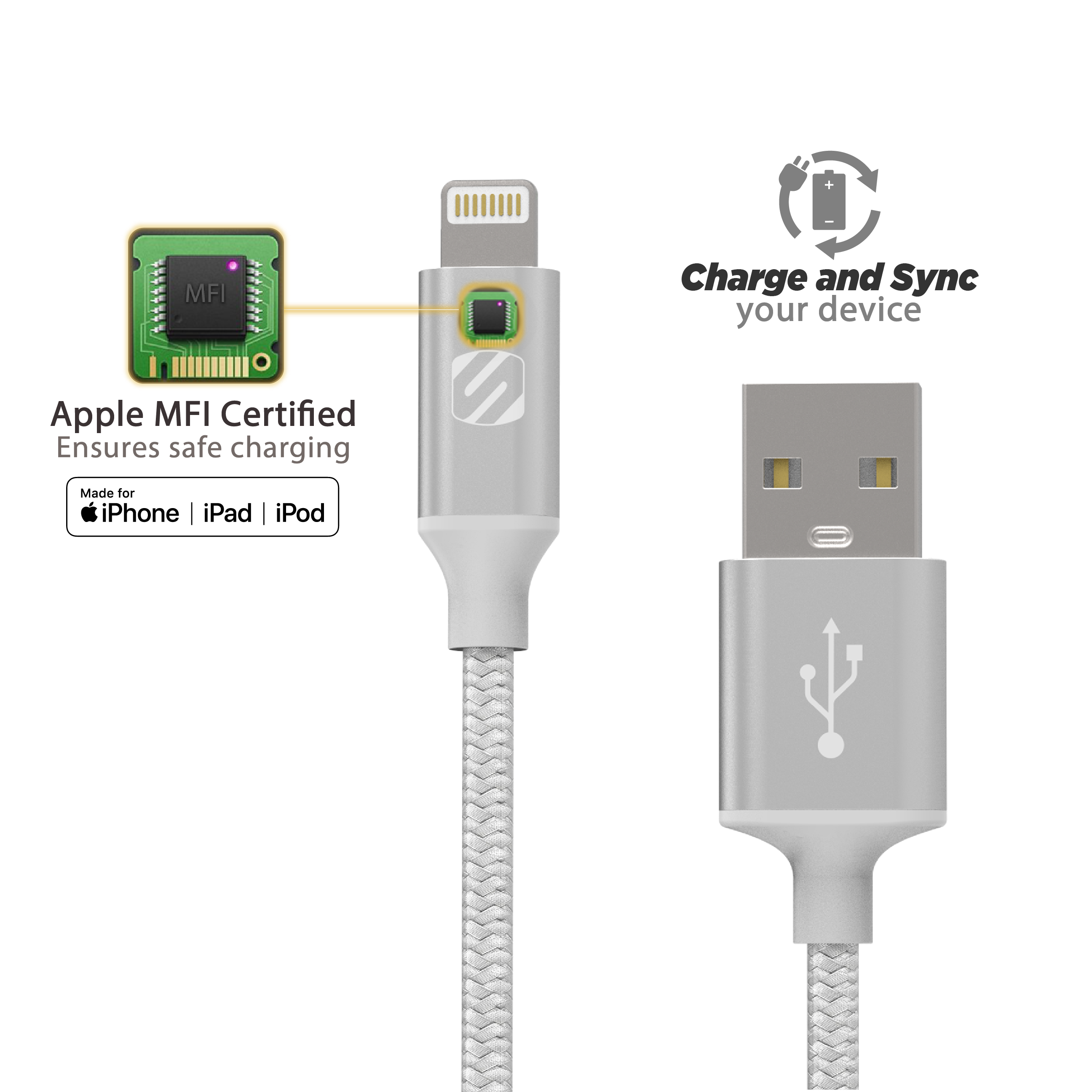 Braided Charge & Sync Cable with Apple Lightning and USB-A Connectors. Apple MFI Certified Ensures safe charging. Charge and Sync your device.