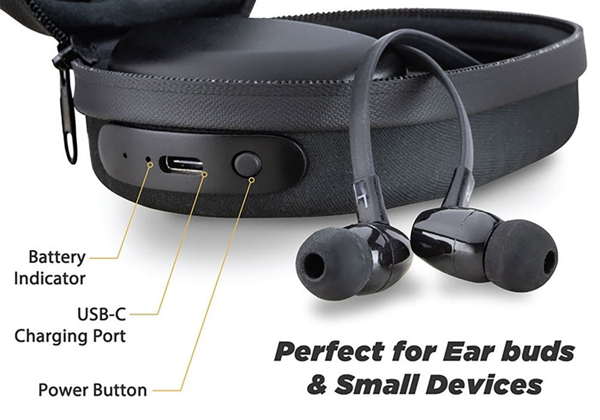 ChargeCase info ChargeCase info showing battery indicator, usb-c charging port and power buttons and how it is perfect for Earbuds & small devices