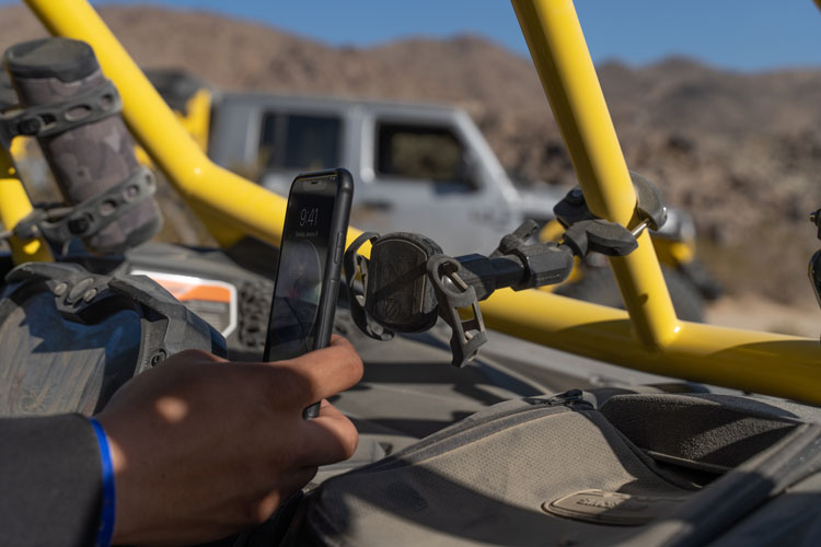 Graphic image of Terra Clamp Phone Mount attached to off road vehicle 