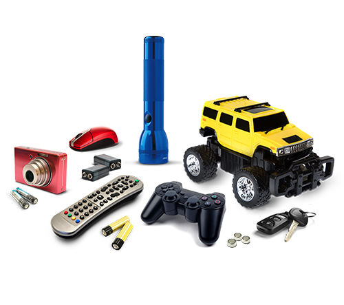 Image of electronic devices that use single use batteries like flashlights, remote controls, cameras and remote controlled toys