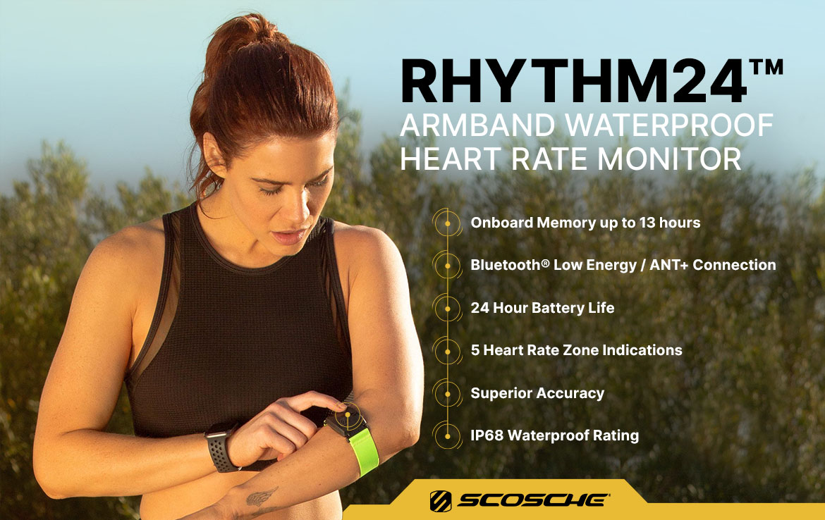 Rhythm24 Rhythm24 Armband Waterproof Heart Rate Monitor. Onboard Memory up to 13 Hours. Bluetooth® Low Energy / ANT+ Connection. 24 Hour Battery Life. 5 Heart Zone Indications. Superior Accuracy. IP68 Waterproof Rating.