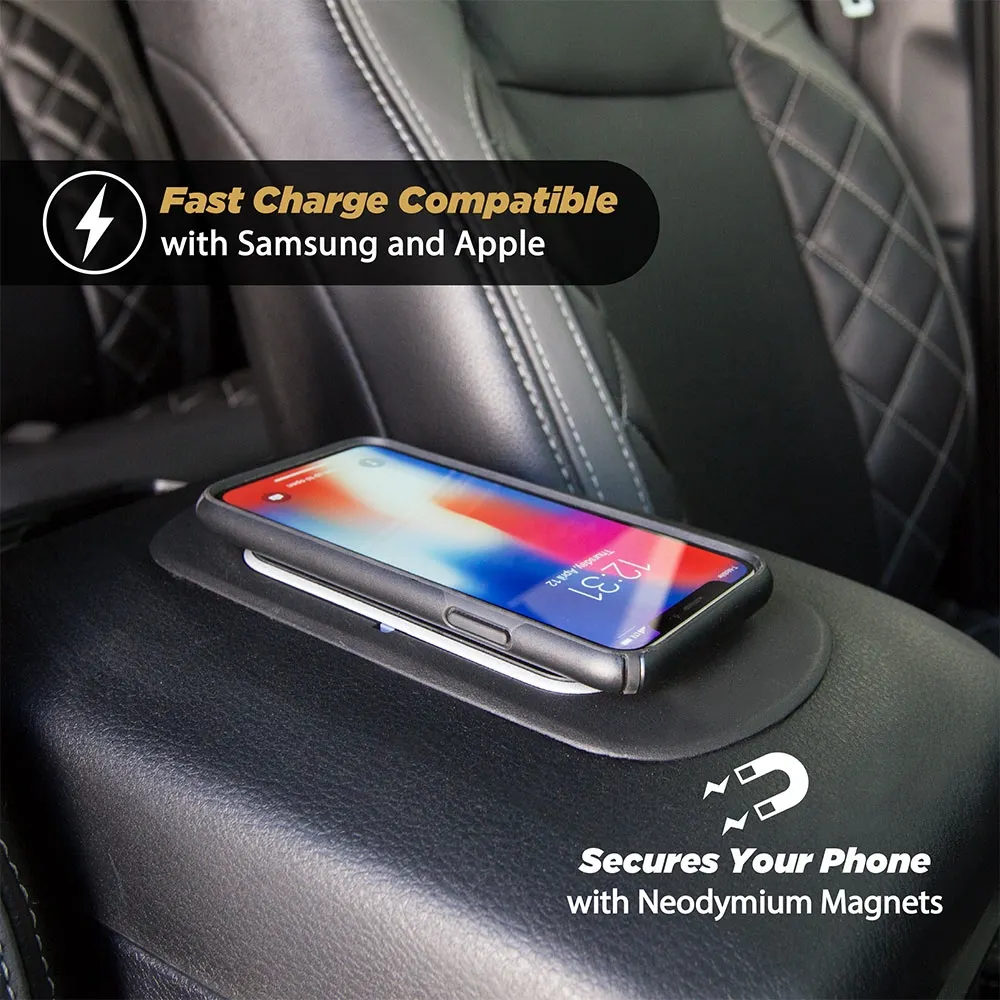 fast charge compatible with Samsung and Apple. Secures your phone with Neodymium Magnets. phone charging via wireless charger custom fit to car arm rest.