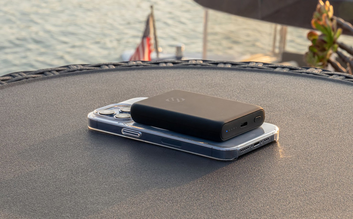 portable charging via power bank sitting on table