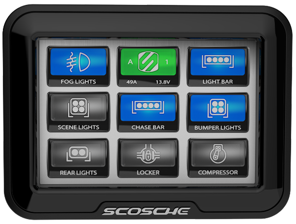 closeup of touchscreen control panel which includes control of: fog lights, light bar, scene lights, chase bar, bumper lights, rear lights, locker, compressor